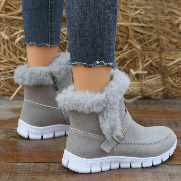 New Snow Boots Winter Warm Thickened Solid Color Plush Ankle Boots With Buckle Design Plus Velvet Flat Shoes For Women-Womens 2024 March-Zishirts