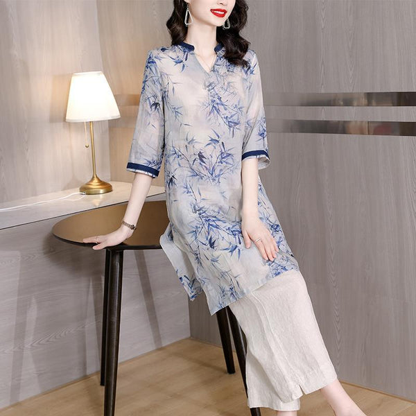 Summer New Chinese Style Retro An Ink Painting Of Bamboo Printed Top Wide Leg Pants Two-piece Set-Suits & Sets-Zishirts