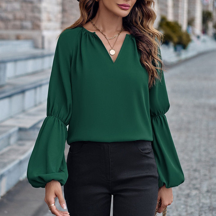 Solid Color And V-neck Loose Casual Women's Top-Blouses & Shirts-Zishirts