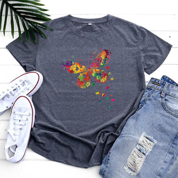 Women's Fashion Casual Heart Butterfly Printed Cotton Round Neck Short Sleeve-Women's Outerwear 2023-Zishirts