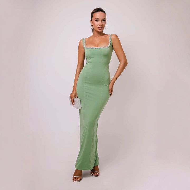 Sexy Sleeveless U-neck Rhinestone Slim-fit Solid Color Temperament Dress-Lady Dresses-Zishirts