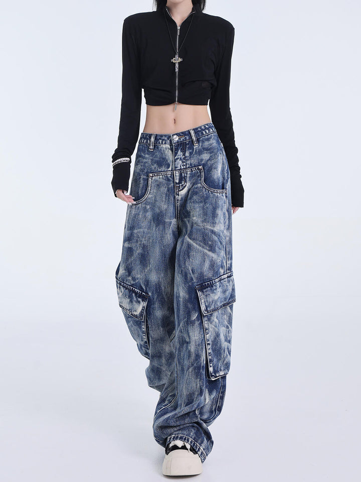 Retro Heavy Industry Washed Tie-dyed Jeans Straight Wide Leg Overalls-Woman Jeans-Zishirts