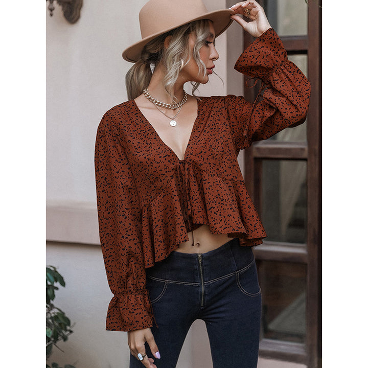 Bell Sleeve Leopard Print Lace-up Long Sleeve Exposed Navel Ruffled Irregular Top-Blouses & Shirts-Zishirts