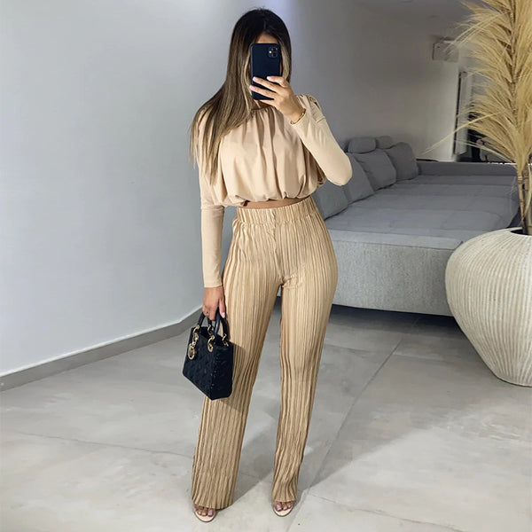 Women's Fashion Temperament Crew Neck Short Long Sleeve Underwear Blouse Casual Trousers Two-piece Set-Suits & Sets-Zishirts