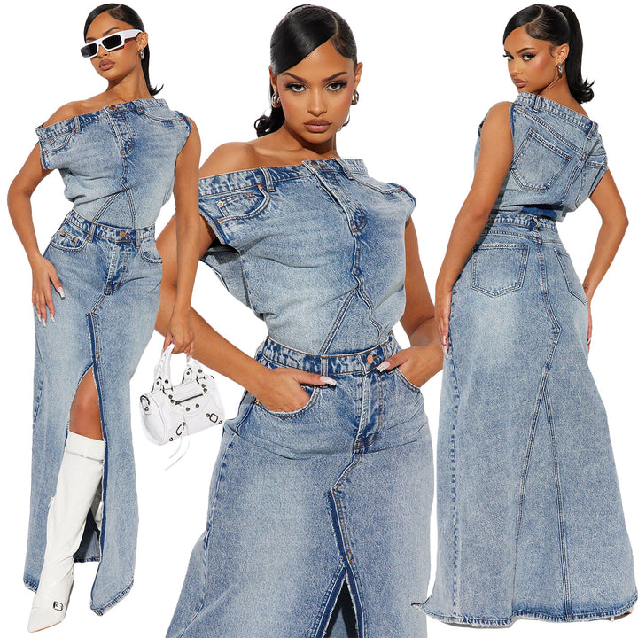 Women's Fashion Retro Denim Casual Denim Skirt Suit-Suits & Sets-Zishirts