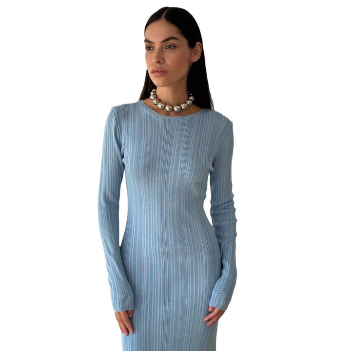 Sunken Stripe Waist-tight Hip Knitwear Dress Long Sleeve-Lady Dresses-Zishirts