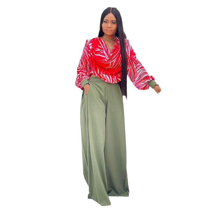 Women's Fashion Casual Printing Lantern Sleeve Shirt Wide Leg Pants Suit-Suits & Sets-Zishirts