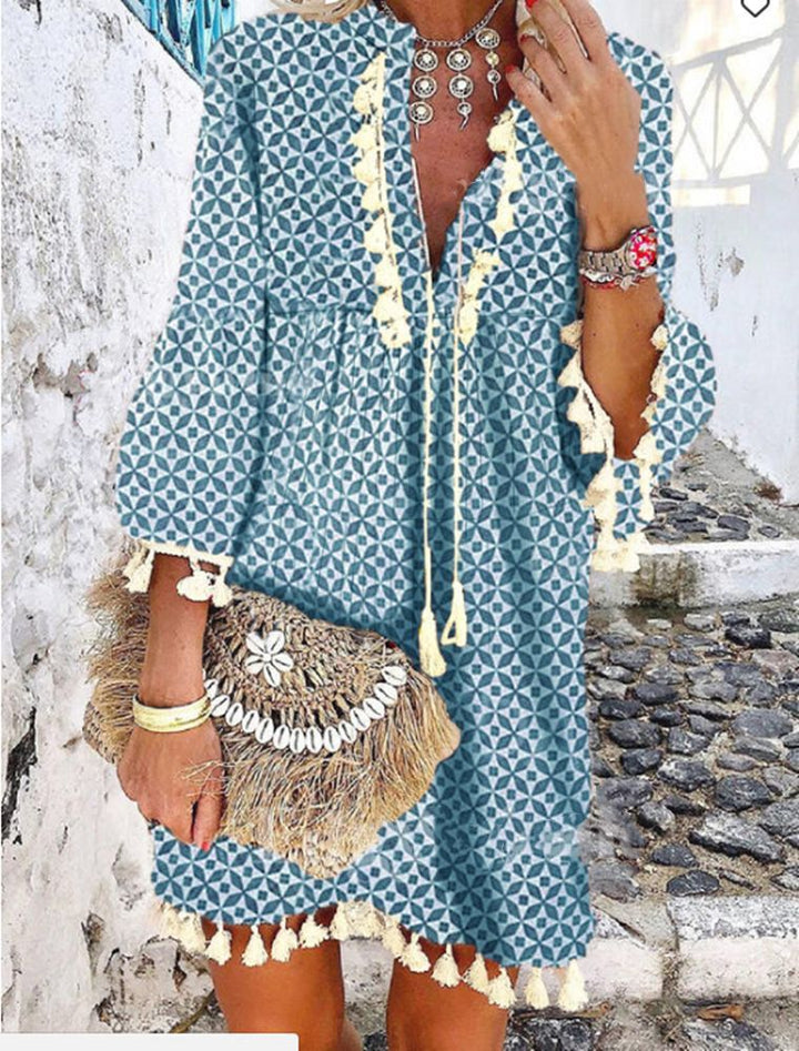 Gentle Style Printed Tassel Ruffled V-neck Dress-0-Zishirts