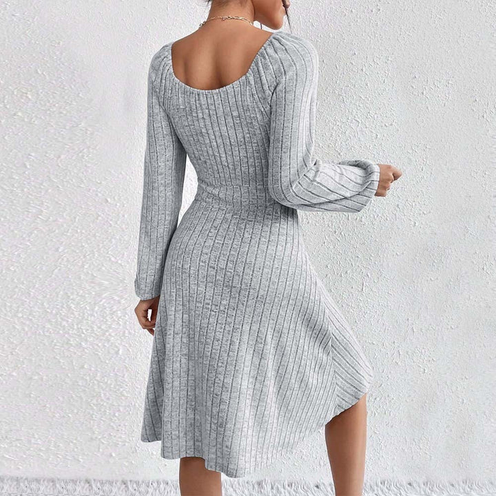 Square-neck Cinched Large Skirt Long Sleeve Dress-Lady Dresses-Zishirts