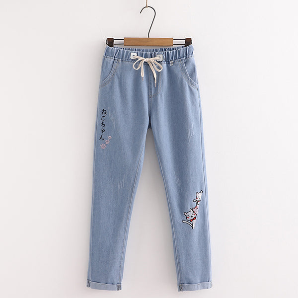 Fashion Embroidered Cat Denim Trousers For Women-Womens 2024 March-Zishirts