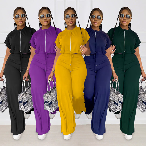 Drawstring Short Top High Waist Slit Women's Suit-Suits & Sets-Zishirts