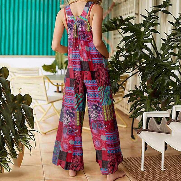 New Women's Ethnic Style Suspender Button Printing Jumpsuit-Womens 2024 March-Zishirts