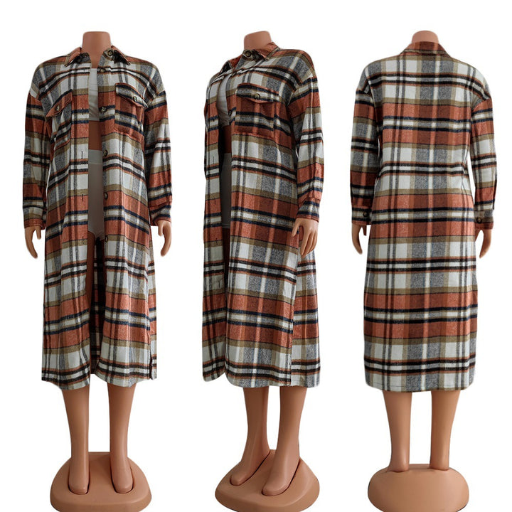 Women's Long Sleeve Lapel Plaid Woolen Coat-Jackets-Zishirts