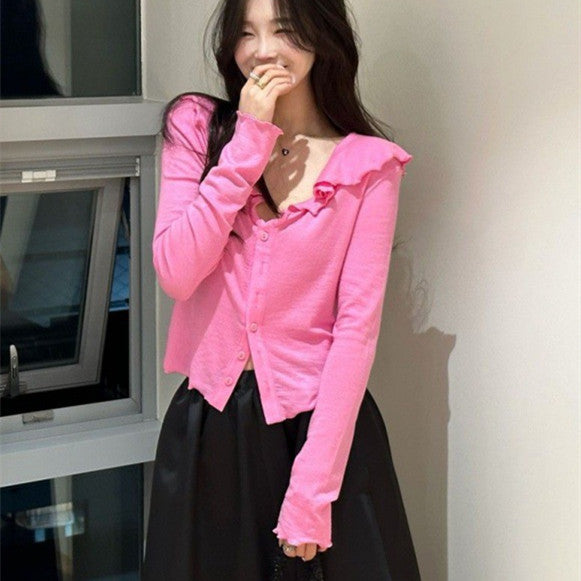 Spring New Korean Style Loose Tencel Ruffled Top Bottoming Shirt Long Sleeve-Blouses & Shirts-Zishirts