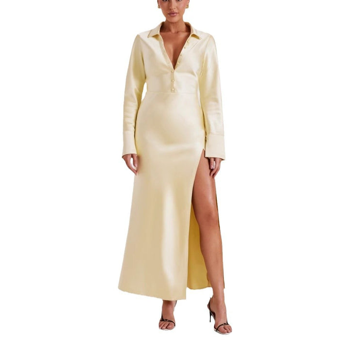 Women's Satin Dress Long Sleeve Split-Lady Dresses-Zishirts