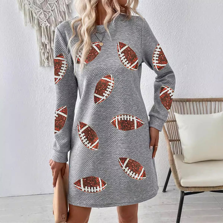 Women's Rugby Printed Long Sleeve Round Neck Pullover Dress-Lady Dresses-Zishirts