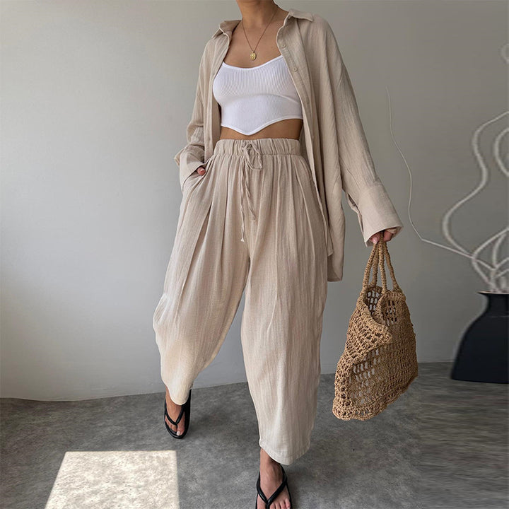 Women's Fashion Casual Simple Lapel Long Sleeve Shirt Trousers Casual Suit-Suits & Sets-Zishirts