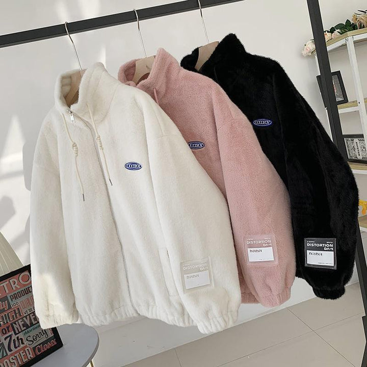 Faux Seto Fur Lamb Wool Plush Coat Female Fleece-lined Thickened Student Korean Style Loose All-matching-Jackets-Zishirts