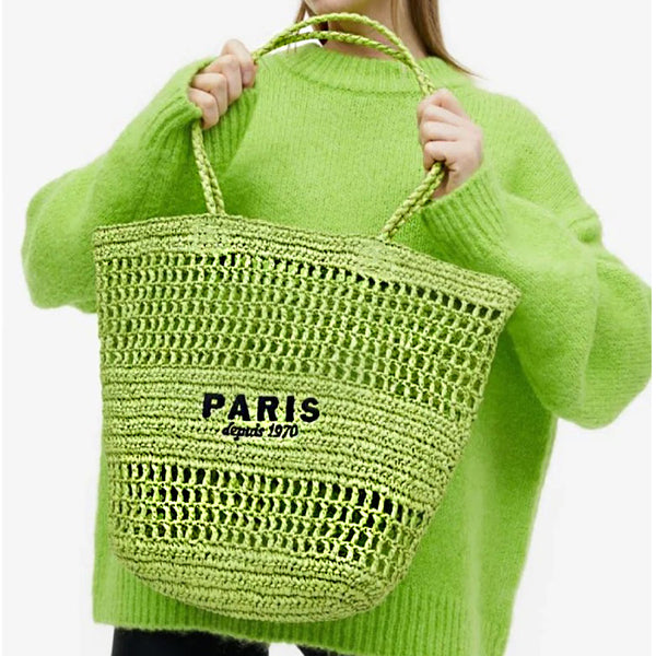 Embroidered Letters Hollow Out Straw Handbag-Women's Bags-Zishirts