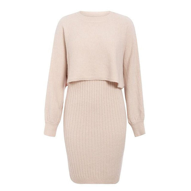 2pcs Knitted Dress Suit Fashion Solid Color Pullover Lantern-sleeved Sweater Fall Winter Women's Clothing-Lady Dresses-Zishirts