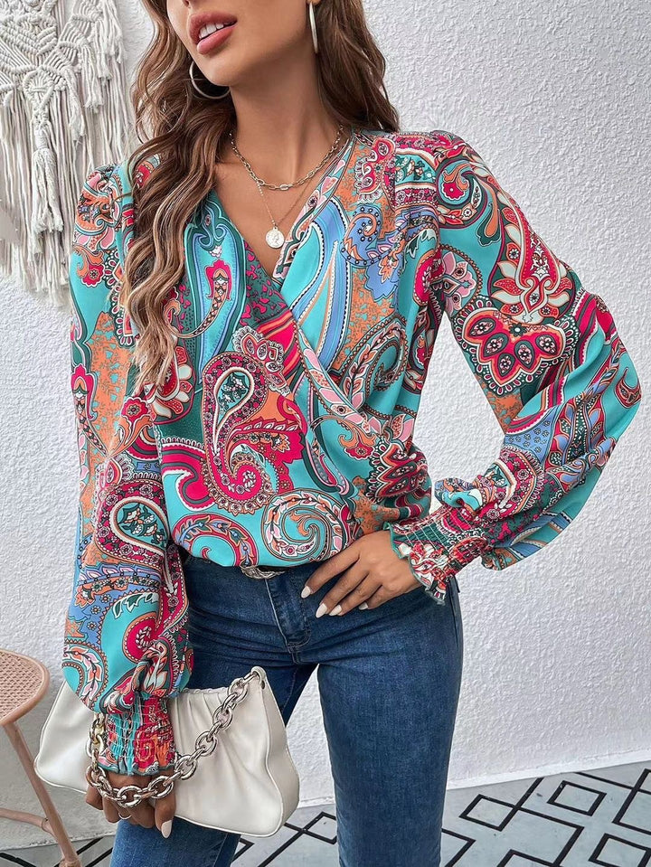 Women's Elegant Women's V-neck Lantern Sleeve Style Solid Color Shirt-Blouses & Shirts-Zishirts