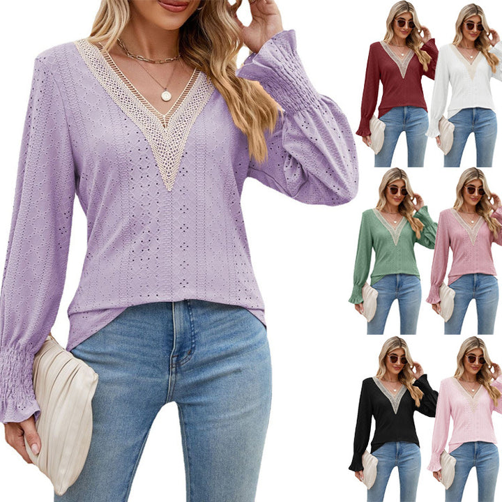 Solid Color Lace V-neck Patchwork Long Sleeve Loose-fitting T-shirt Top-Blouses & Shirts-Zishirts