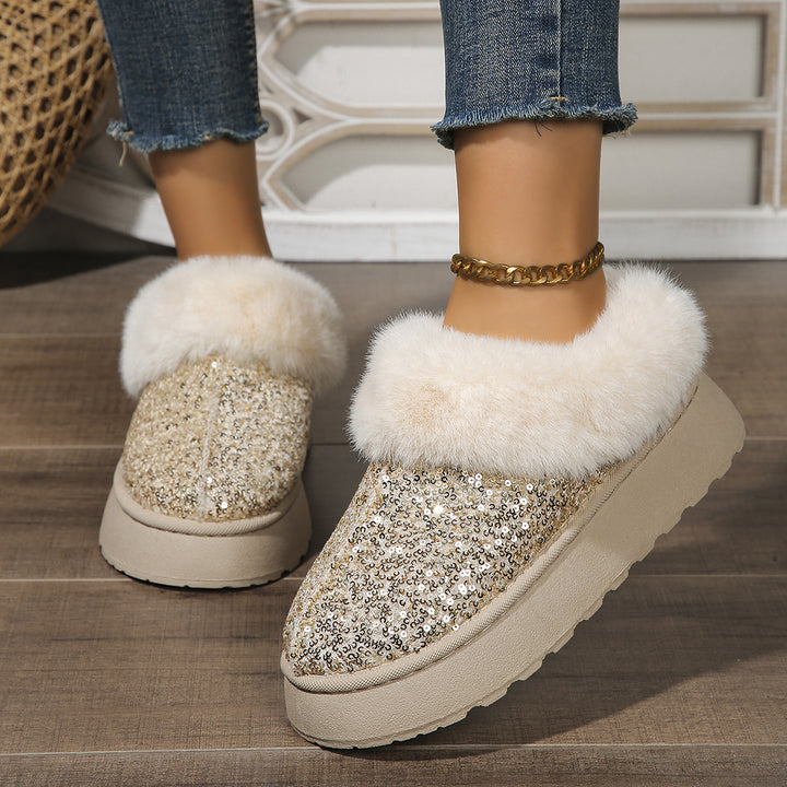 Fashion Sequined Thick-soled Plush Shoes Winter Indoor And Outdoor Casual Warm Slippers Women Garden House Shoes-Womens Footwear-Zishirts