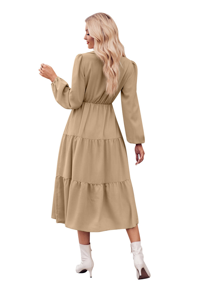 Solid Color Casual Shirt Collar Waist-controlled Long Sleeves Dress-Lady Dresses-Zishirts