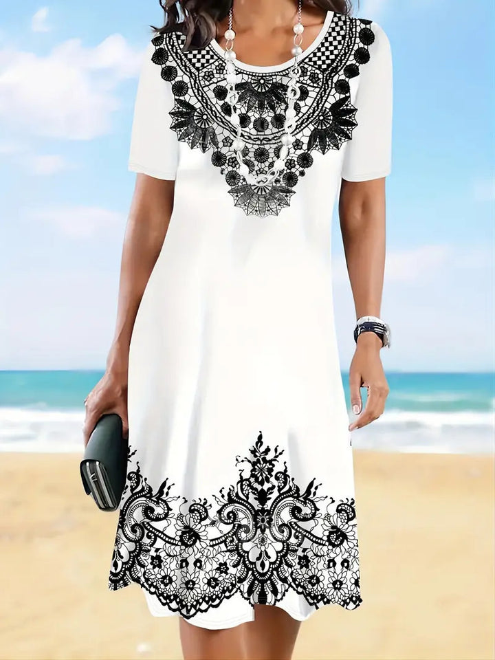 Elegance Retro Printing Digital 3D Printing Round Neck Short Sleeve A- Line Dress-Lady Dresses-Zishirts