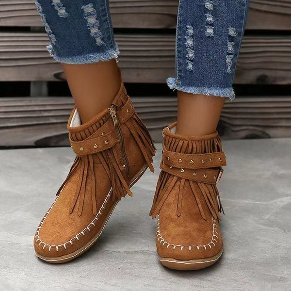 Retro Ankle Boots With Rivet Tassel Flat Shoes Women Winter Boots-Womens Footwear-Zishirts