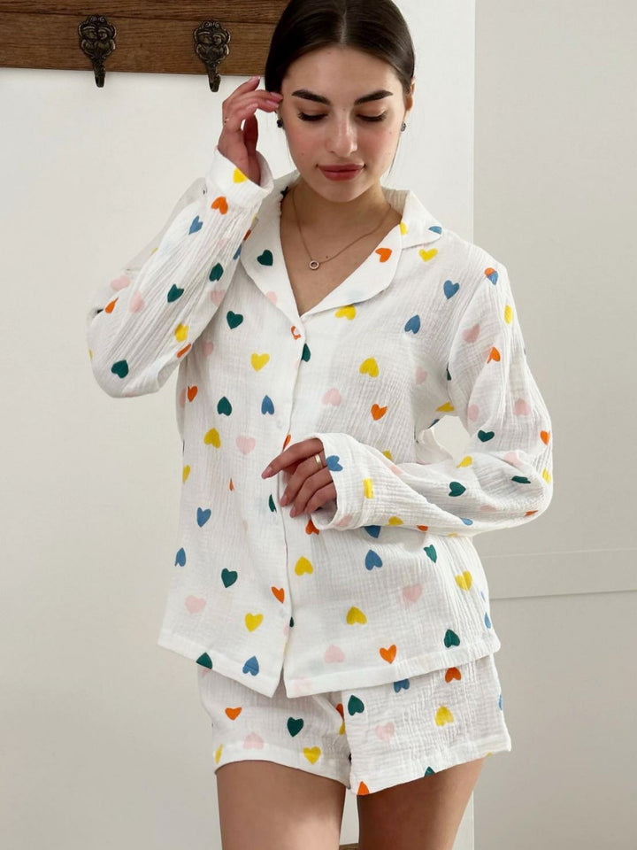 Women's Temperament Leisure Heart Printing Long-sleeved Shirt And Shorts Suit-Suits & Sets-Zishirts