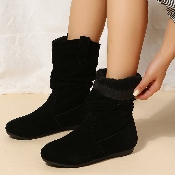 Round Toe Flat Boots Fashion Solid Color Suede Mid-calf Boot Winter Warm Shoes For Women-Womens Footwear-Zishirts