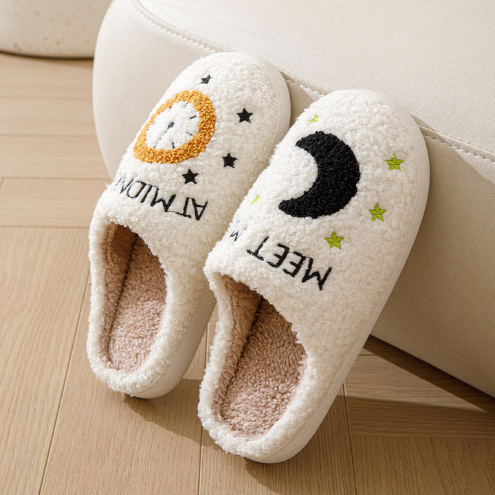 Moon And Clock Print Slipper Winter Warm Home Shoes Cute Bedroom Slippers-Womens Footwear-Zishirts