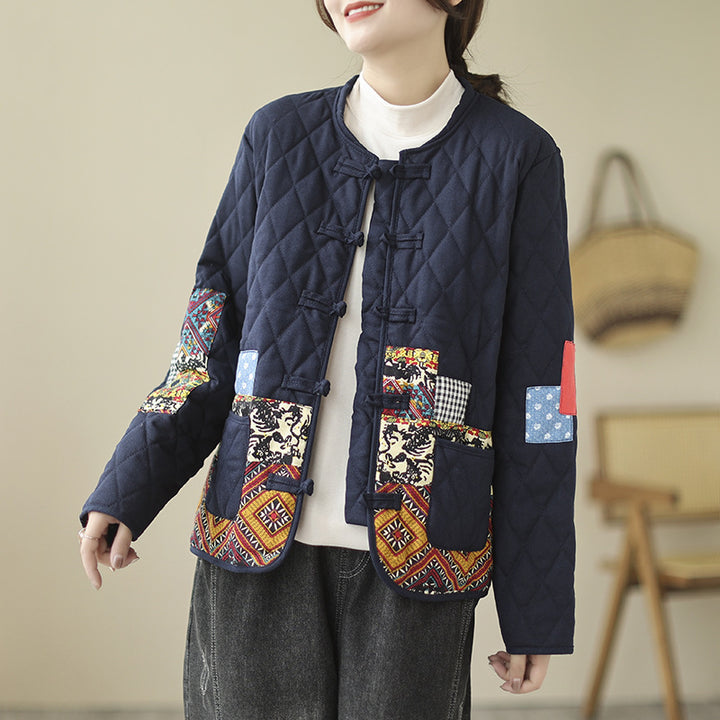 Vintage Patch Cardigan Loose Casual Buckle Rhombus Cotton-padded Jacket-Jackets-Zishirts