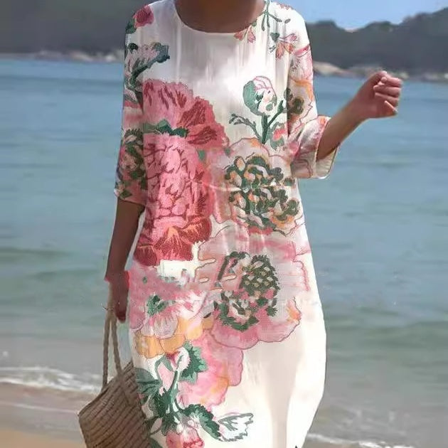 Spring And Summer Floral Print Round Neck Dress-Womens 2024 March-Zishirts