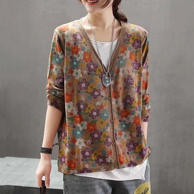 Women's Retro Art Floral Print Knitted Cardigan Sweater Coat-Sweaters-Zishirts