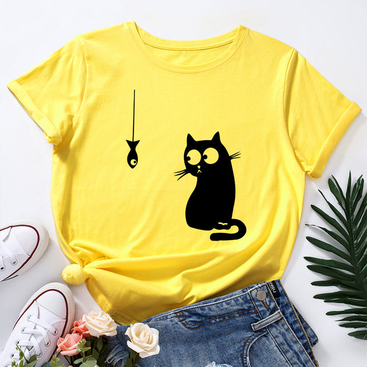 Women's Cute Cat Loose Round Neck Cotton Short Sleeve-Women's Outerwear 2023-Zishirts