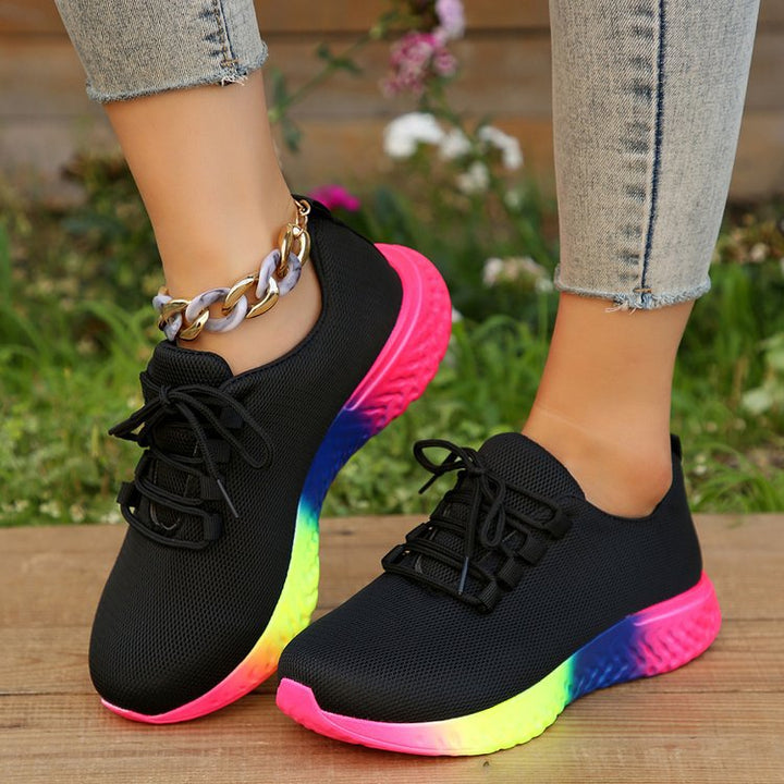 Lace-up Mesh Shoes With Rainbow Sole Design Fashion Walking Running Sports Shoes Sneakers For Women-Womens Footwear-Zishirts