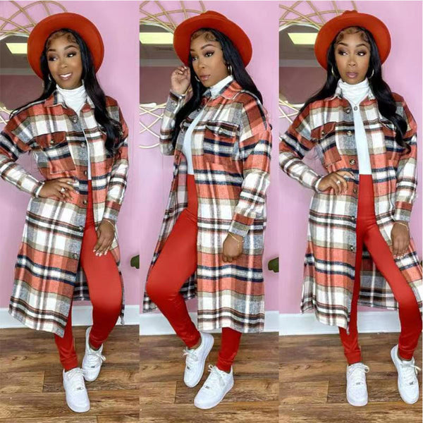 Women's Long Sleeve Lapel Plaid Woolen Coat-Jackets-Zishirts