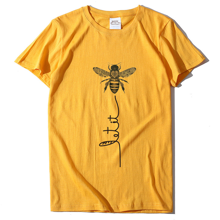 Bee And Letter Print Pattern Women's Loose T-shirt-Women's Outerwear 2023-Zishirts