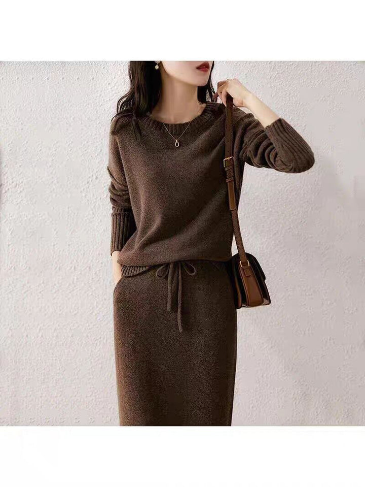 Drawstring High Waist Pure Color Wool Knitted Dress Two-piece Set-Suits & Sets-Zishirts