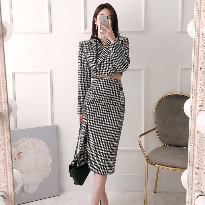 Slim Fit Houndstooth Coat Women-Suits & Sets-Zishirts