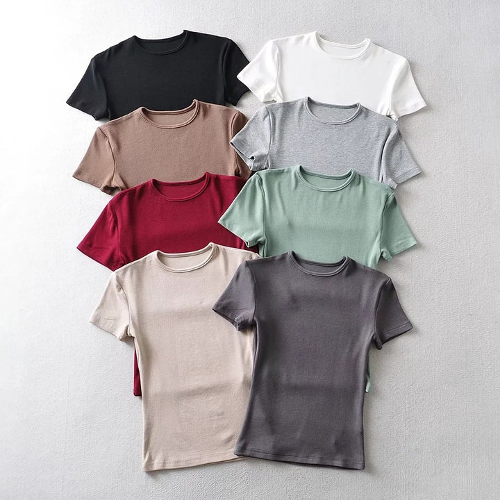 Women's Solid Color Round Neck Pullover Short Sleeve T-shirt-Womens 2024 March-Zishirts