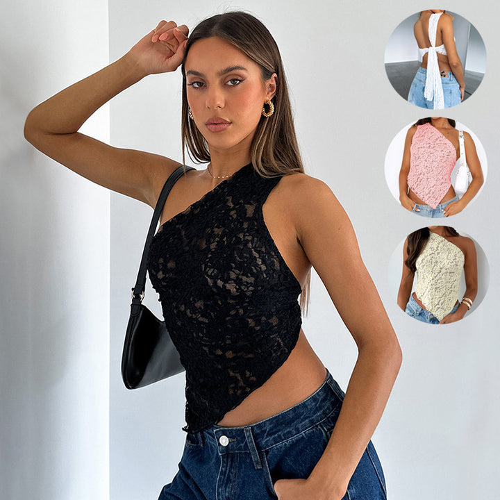 Ins Lace Backless Top Summer Solid Color Waistless Asymmetrical Sloped Neck Vest Streetwear Womens Clothes-Womens 2024 March-Zishirts