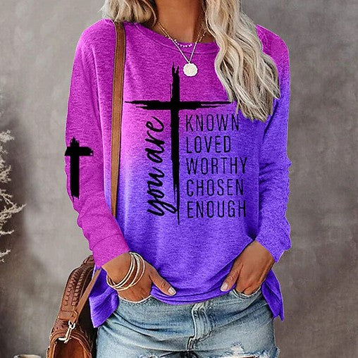 Gradient Text Printing Long Sleeve Round Neck Top-Blouses & Shirts-Zishirts