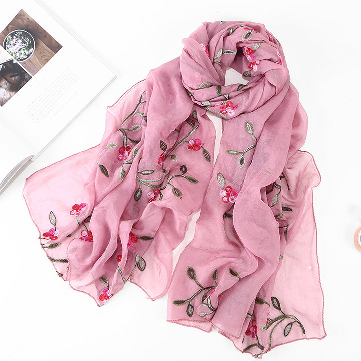 Women's Chiffon Flower Embroidered Silk Scarf Beach Shawl-Scarves & Wraps-Zishirts