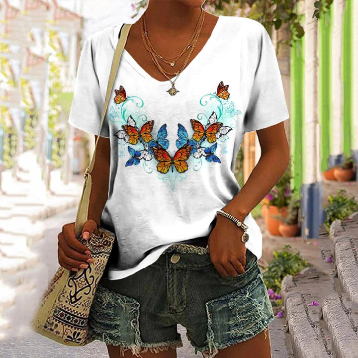 European And American Women's Clothing New Top Loose V-neck Digital Printed Short Sleeve T-shirt-Blouses & Shirts-Zishirts