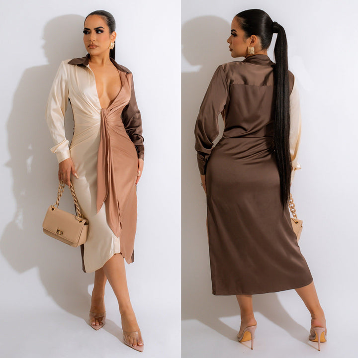 Women's Stitching Strap V-neck Long-sleeve Dress-Lady Dresses-Zishirts