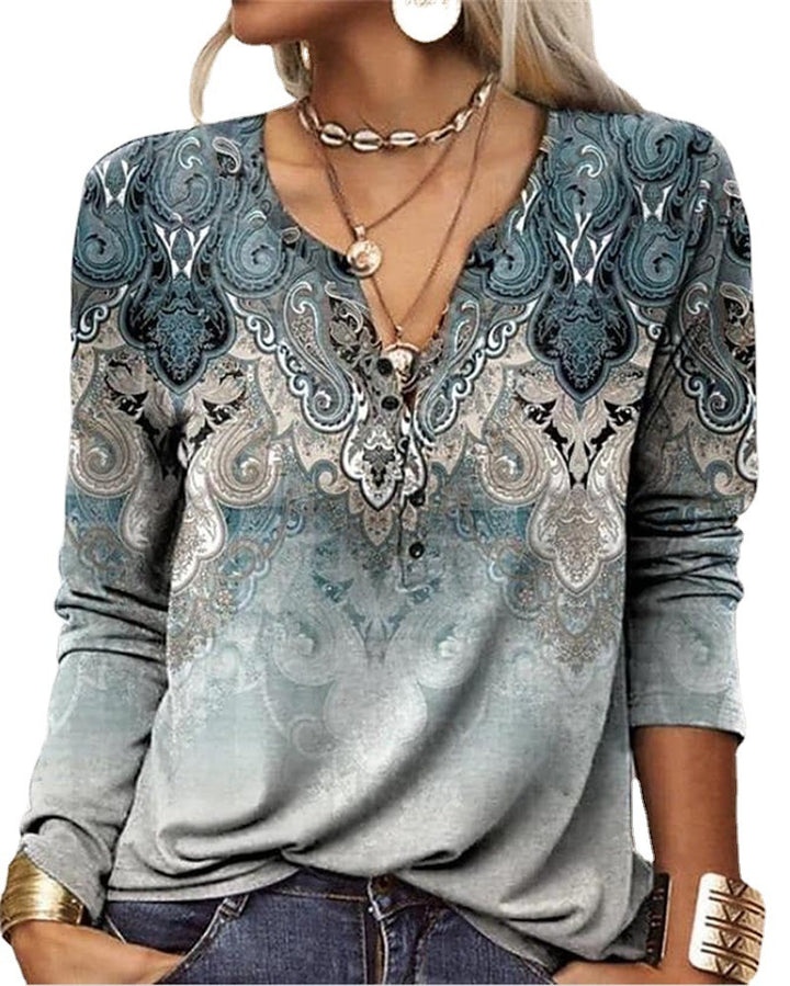 Women's Casual Ethnic Style V-neck Long-sleeved T-shirt-Womens 2024 March-Zishirts