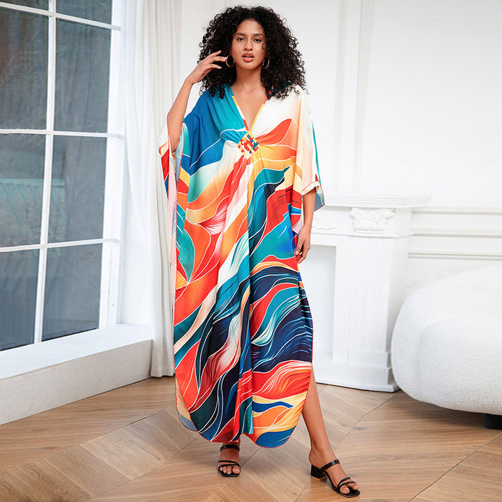 Print Holiday Loose Plus Size Robe Beach Cover-up Dress-Womens 2024 March-Zishirts